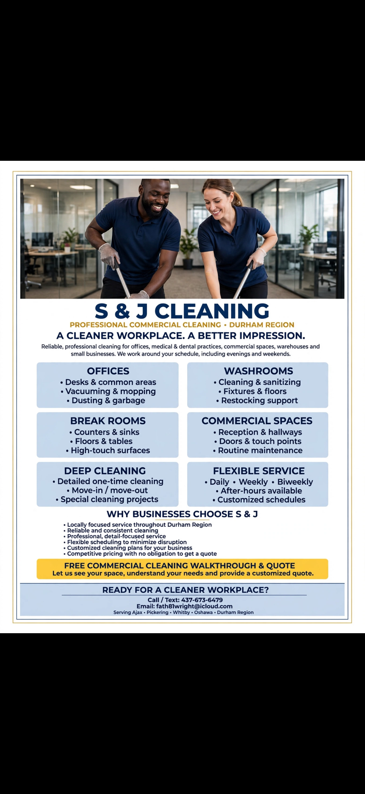 Two cleaners working together in a modern office, from the supplied S&J flyer